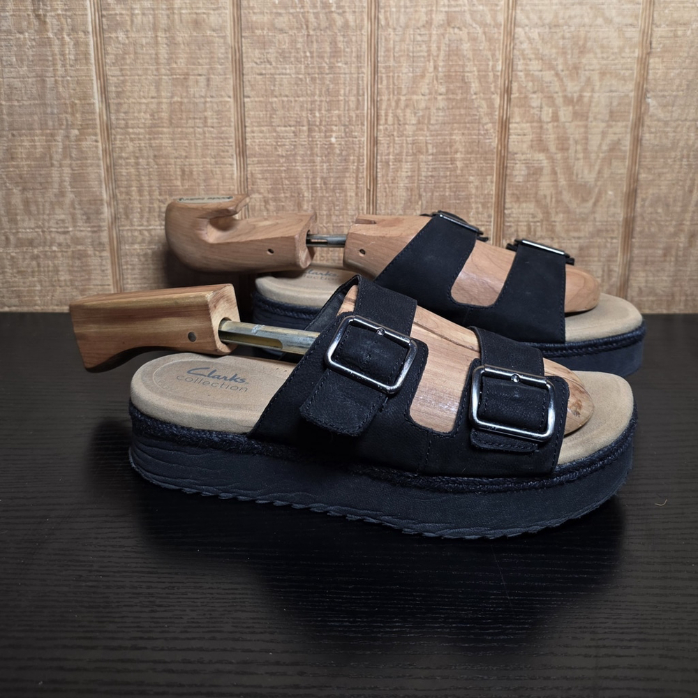 Clarks Collection Women’s 9.5 M Black Slide Sandals Arla Comfort Platform Buckle